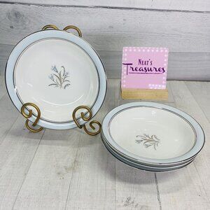 MCM Noritake BLUEBELL Blue Band & Flowers Gray Leave Japan Rim Soup Bowls Set 4